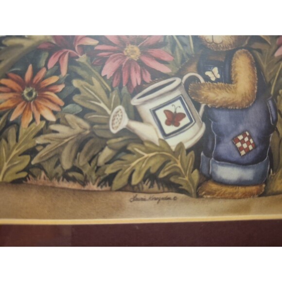 HAND CRAFTED WOODEN BASKET K&L WOODWORKS WITH SIGNED TEDDY GARDENING PRINT WALL - Picture 3 of 10